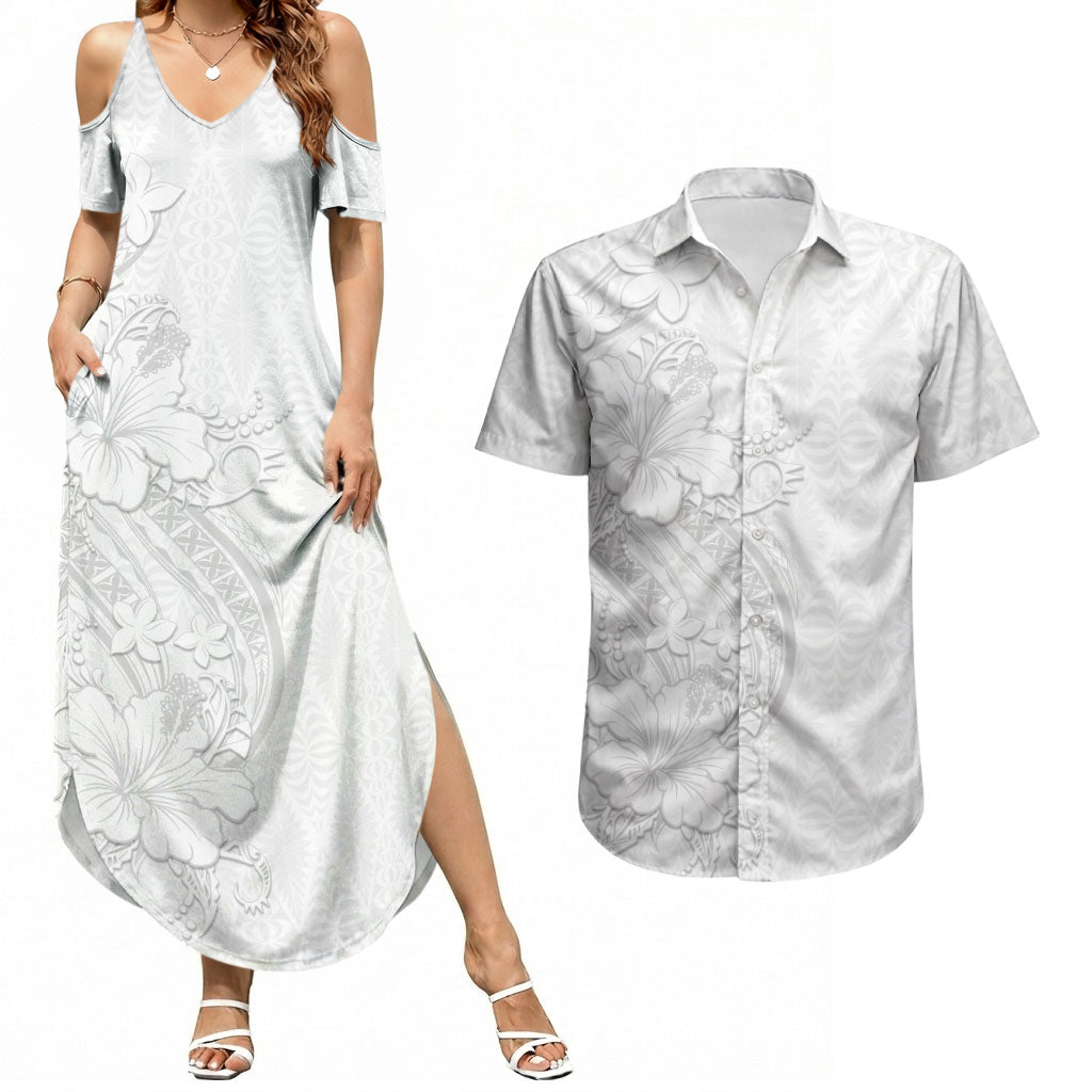 Tokelau White Sunday Couples Matching Summer Maxi Dress and Hawaiian Shirt Elegant Hibiscus Polynesian Tribal Pattern LT05 White - Polynesian Pride