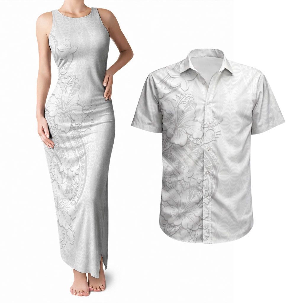Tokelau White Sunday Couples Matching Tank Maxi Dress and Hawaiian Shirt Elegant Hibiscus Polynesian Tribal Pattern LT05 White - Polynesian Pride
