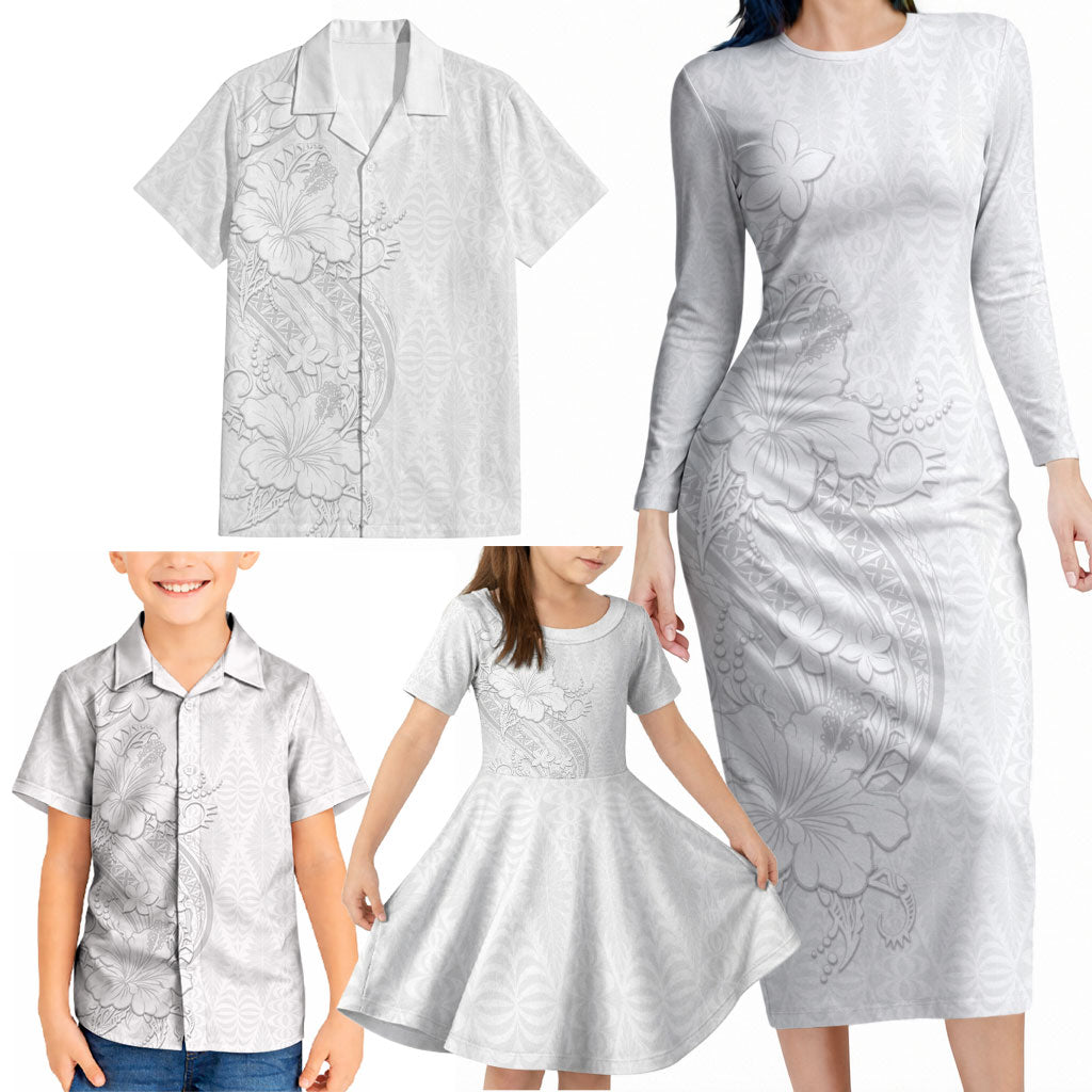 Tokelau White Sunday Family Matching Long Sleeve Bodycon Dress and Hawaiian Shirt Elegant Hibiscus Polynesian Tribal Pattern LT05 - Polynesian Pride