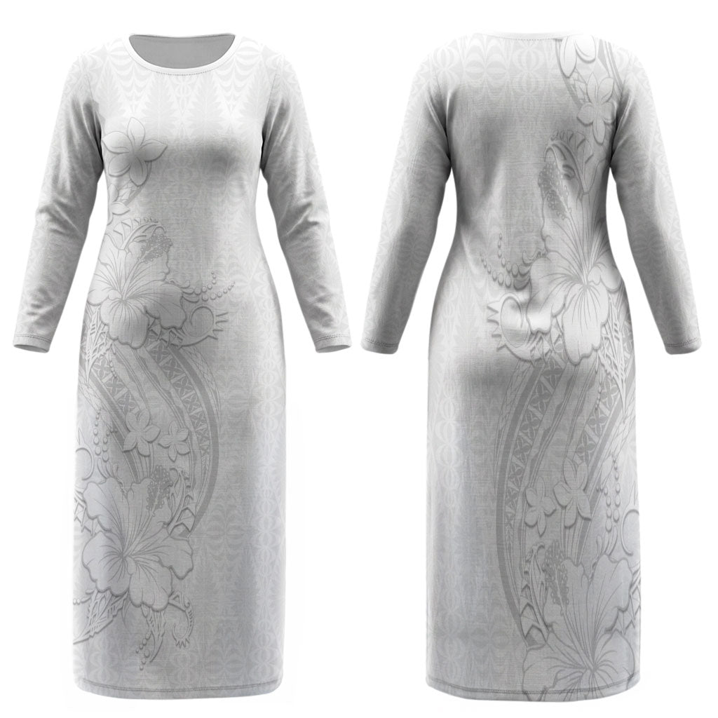 Tokelau White Sunday Family Matching Long Sleeve Bodycon Dress and Hawaiian Shirt Elegant Hibiscus Polynesian Tribal Pattern LT05 Mom's Dress White - Polynesian Pride