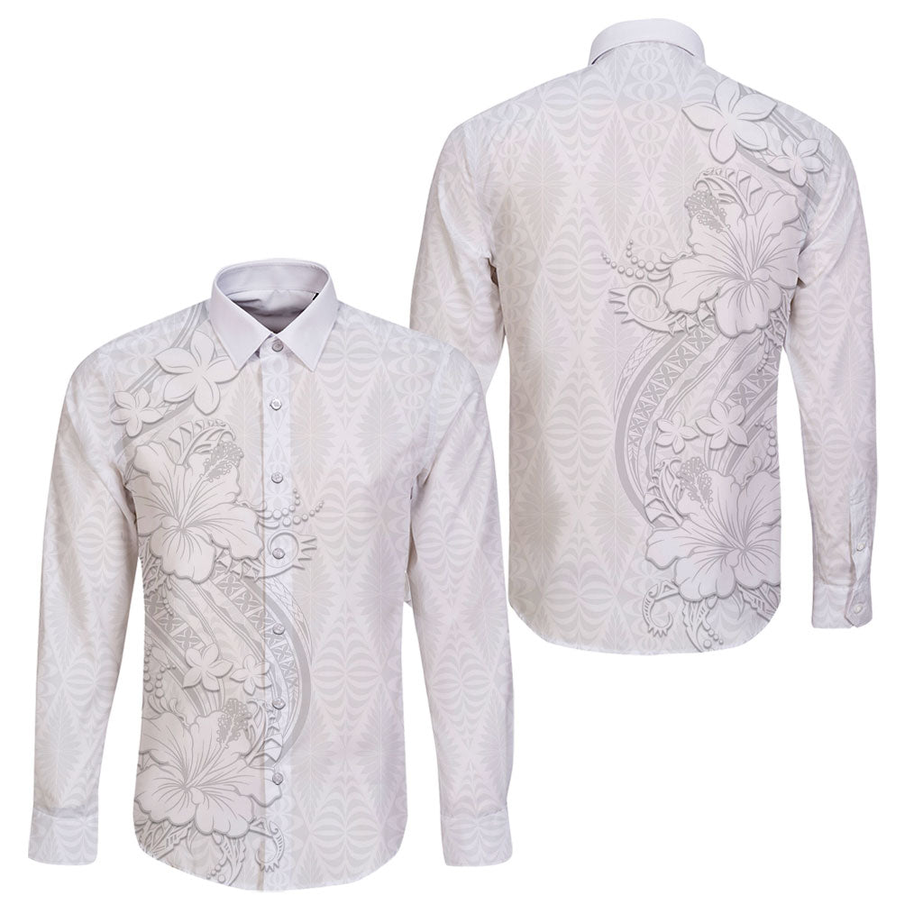 Tokelau White Sunday Family Matching Long Sleeve Bodycon Dress and Hawaiian Shirt Elegant Hibiscus Polynesian Tribal Pattern LT05 Dad's Shirt - Long Sleeve White - Polynesian Pride