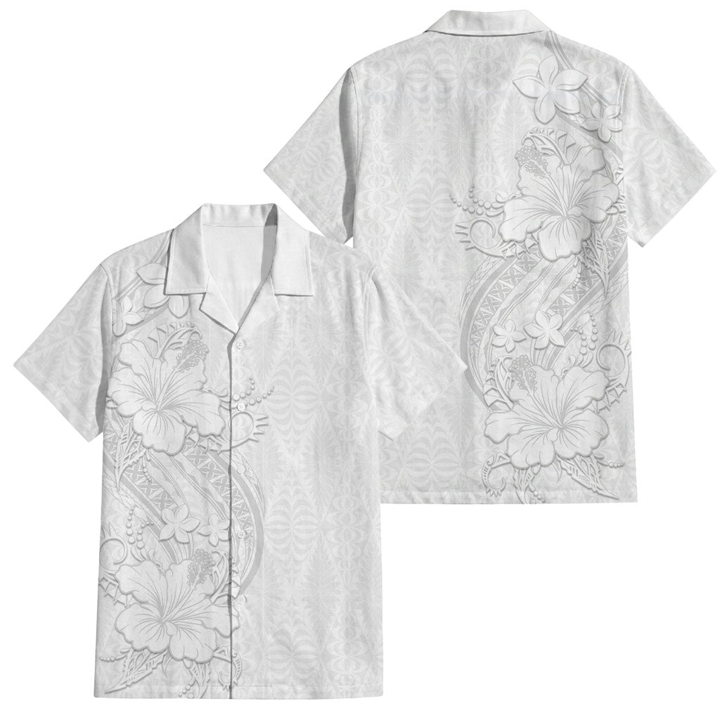 Tokelau White Sunday Family Matching Off Shoulder Short Dress and Hawaiian Shirt Elegant Hibiscus Polynesian Tribal Pattern