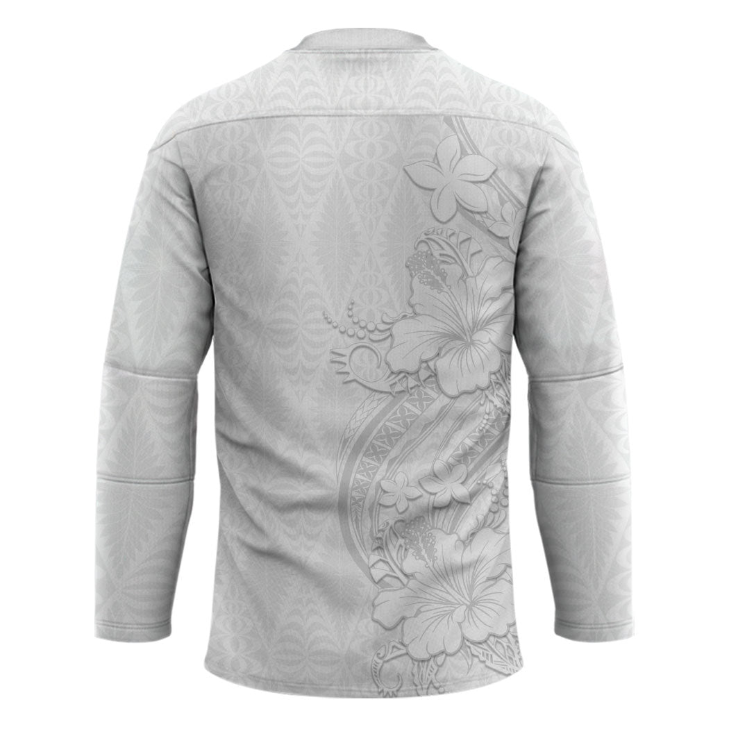 Tokelau White Sunday Hockey Jersey Elegant Hibiscus Polynesian Tribal Pattern