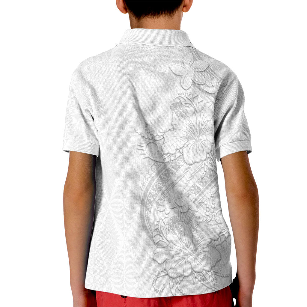 Tokelau White Sunday Kid Polo Shirt Elegant Hibiscus Polynesian Tribal Pattern