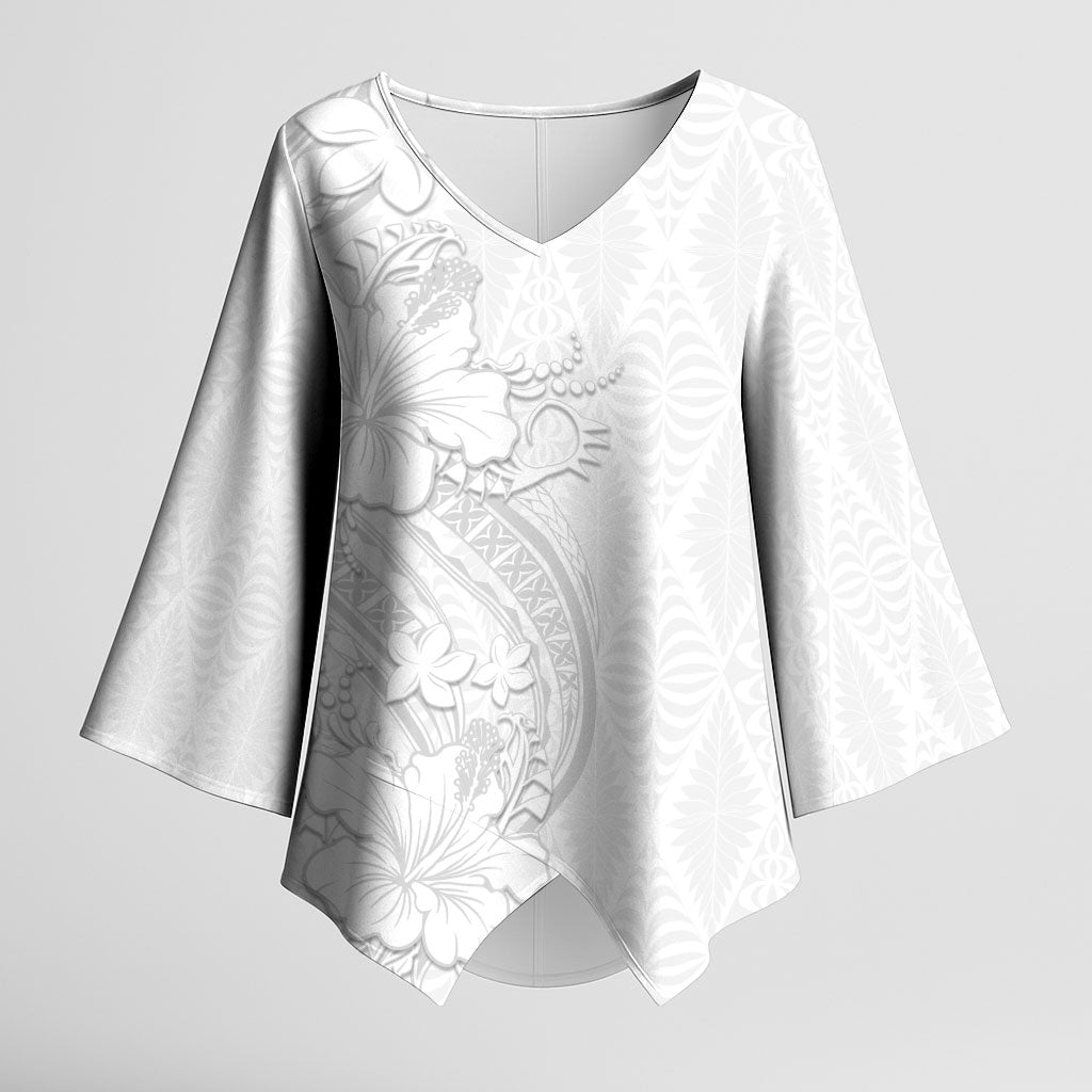 Tokelau White Sunday Kimono Sleeve Blouse Elegant Hibiscus Polynesian Tribal Pattern LT05 Female White - Polynesian Pride
