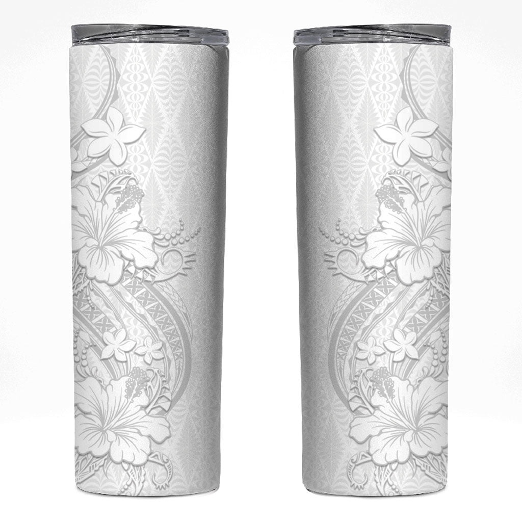 Tokelau White Sunday Skinny Tumbler Elegant Hibiscus Polynesian Tribal Pattern LT05 White - Polynesian Pride