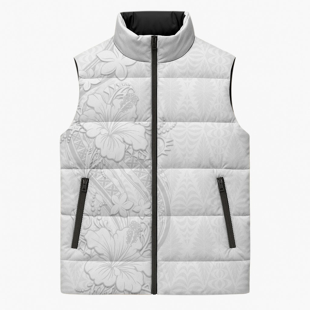 Tokelau White Sunday Sleeveless Puffer Jacket Elegant Hibiscus Polynesian Tribal Pattern LT05 Unisex White - Polynesian Pride