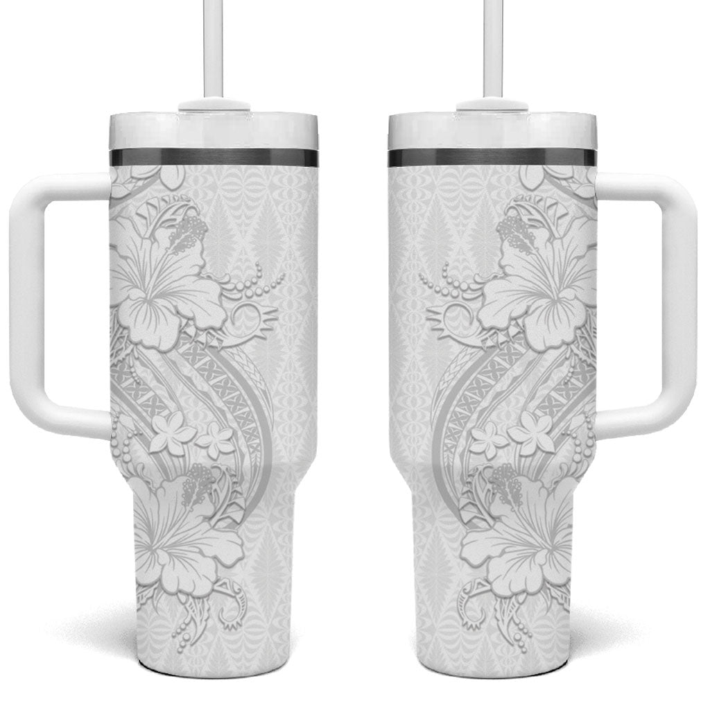 Tokelau White Sunday Tumbler With Handle Elegant Hibiscus Polynesian Tribal Pattern LT05 One Size: 40 oz White - Polynesian Pride