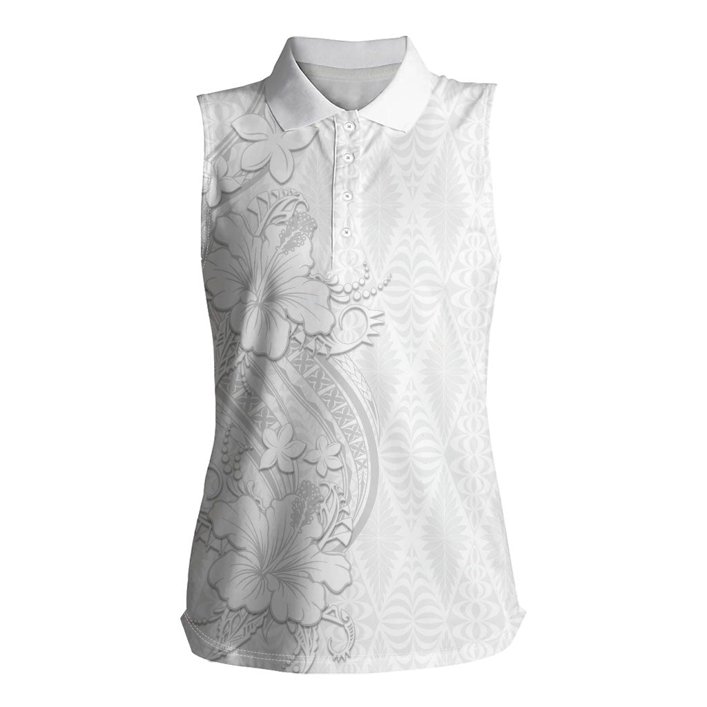 Tokelau White Sunday Women Sleeveless Polo Shirt Elegant Hibiscus Polynesian Tribal Pattern LT05 Female White - Polynesian Pride