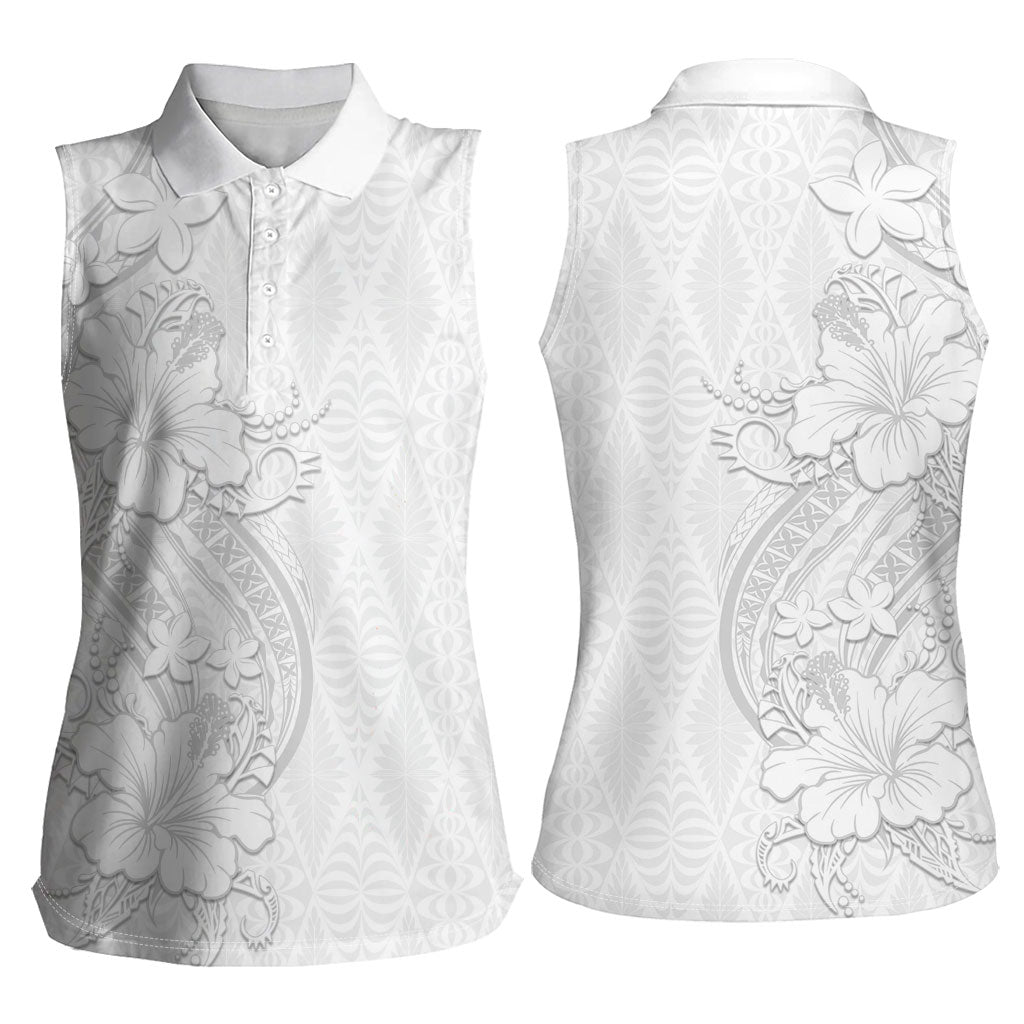Tokelau White Sunday Women Sleeveless Polo Shirt Elegant Hibiscus Polynesian Tribal Pattern