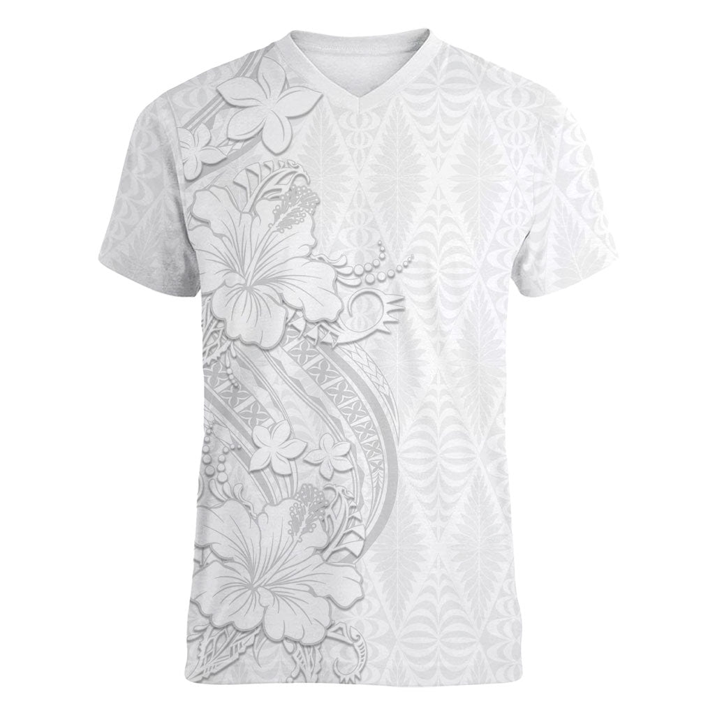 Tokelau White Sunday Women V-Neck T-Shirt Elegant Hibiscus Polynesian Tribal Pattern LT05 Female White - Polynesian Pride