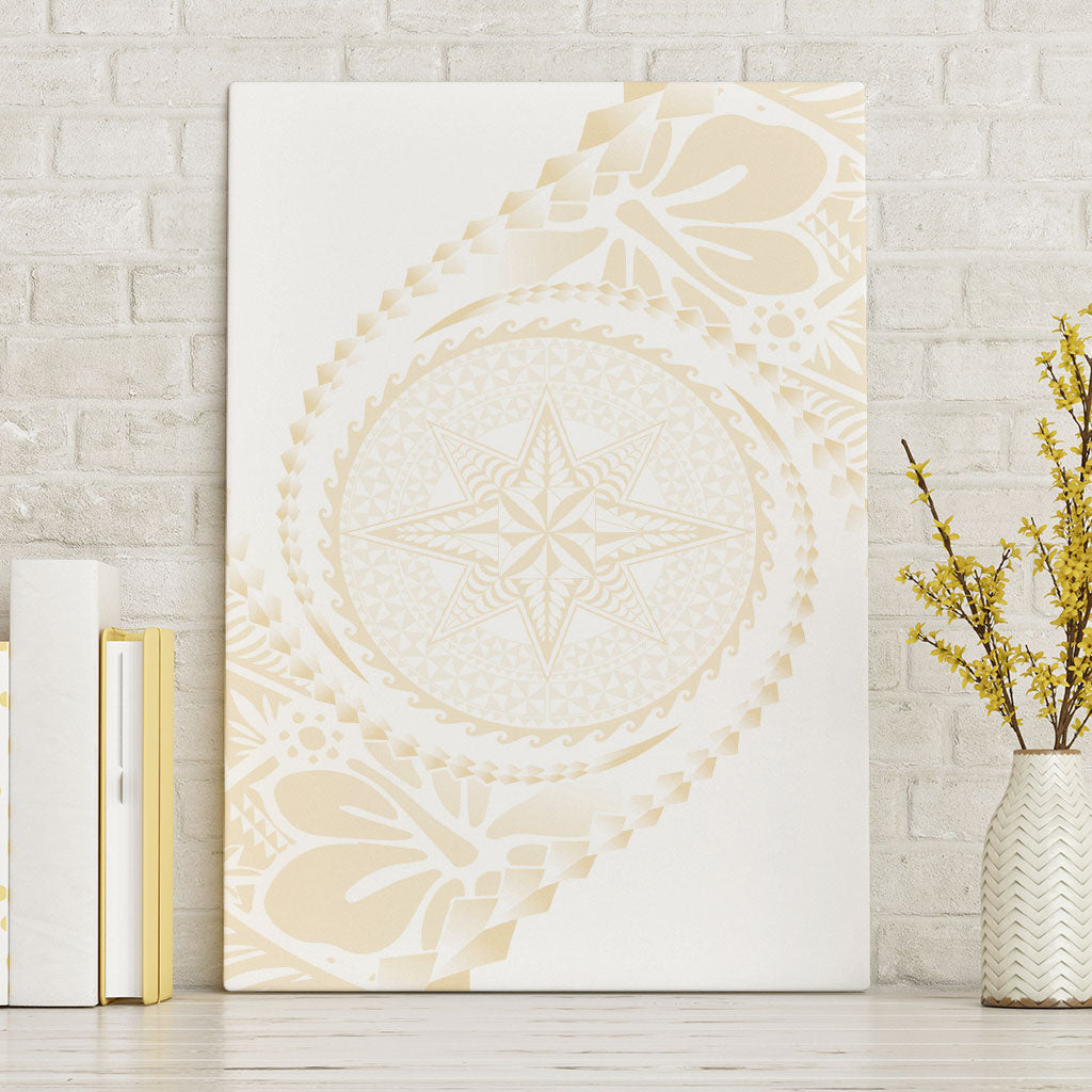 Tonga White Sunday Canvas Wall Art Lotu Tamaiti Tongan Kupesi Pattern LT05 Without Frame Beige - Polynesian Pride