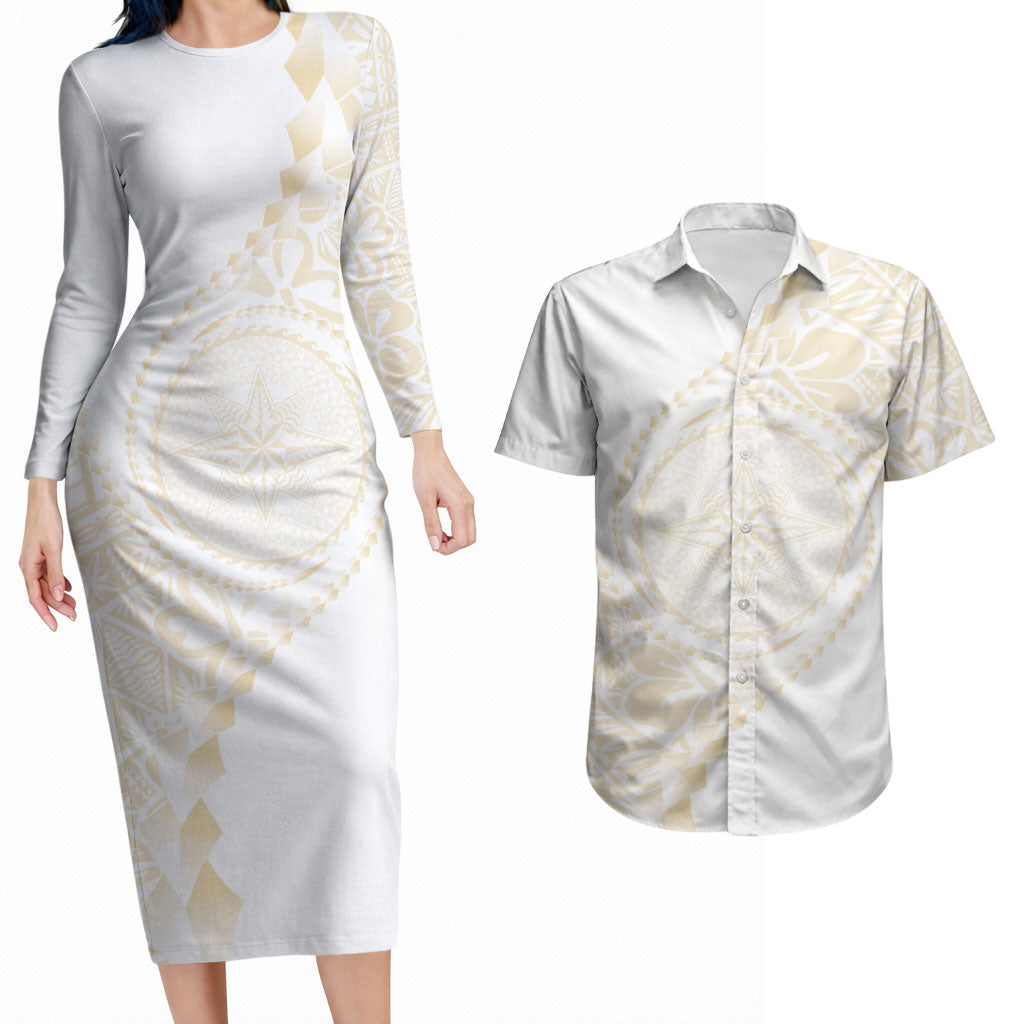 Tonga White Sunday Couples Matching Long Sleeve Bodycon Dress and Hawaiian Shirt Lotu Tamaiti Tongan Kupesi Pattern LT05 Beige - Polynesian Pride