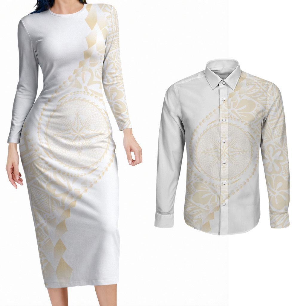 Tonga White Sunday Couples Matching Long Sleeve Bodycon Dress and Long Sleeve Button Shirt Lotu Tamaiti Tongan Kupesi Pattern LT05 Beige - Polynesian Pride