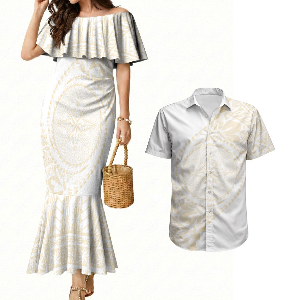 Tonga White Sunday Couples Matching Mermaid Dress and Hawaiian Shirt Lotu Tamaiti Tongan Kupesi Pattern LT05 Beige - Polynesian Pride