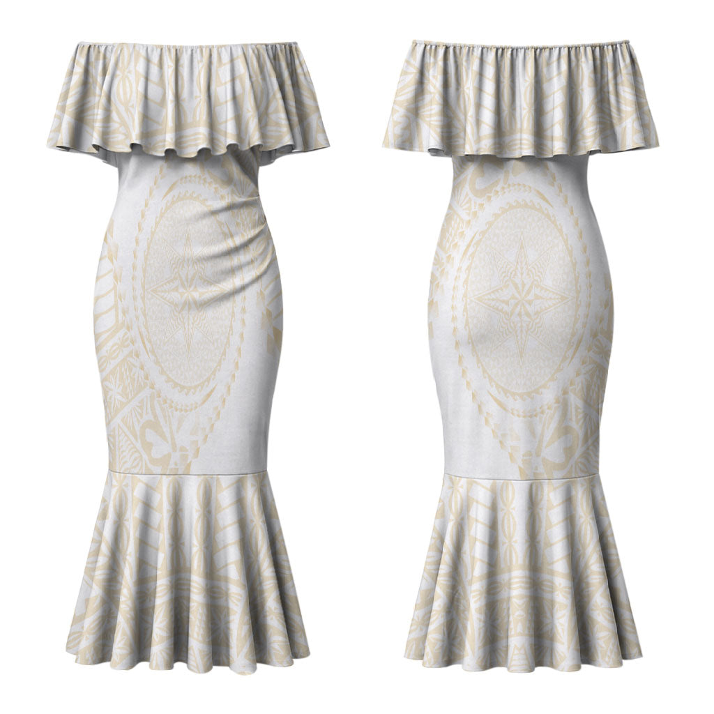 Tonga White Sunday Couples Matching Mermaid Dress and Hawaiian Shirt Lotu Tamaiti Tongan Kupesi Pattern