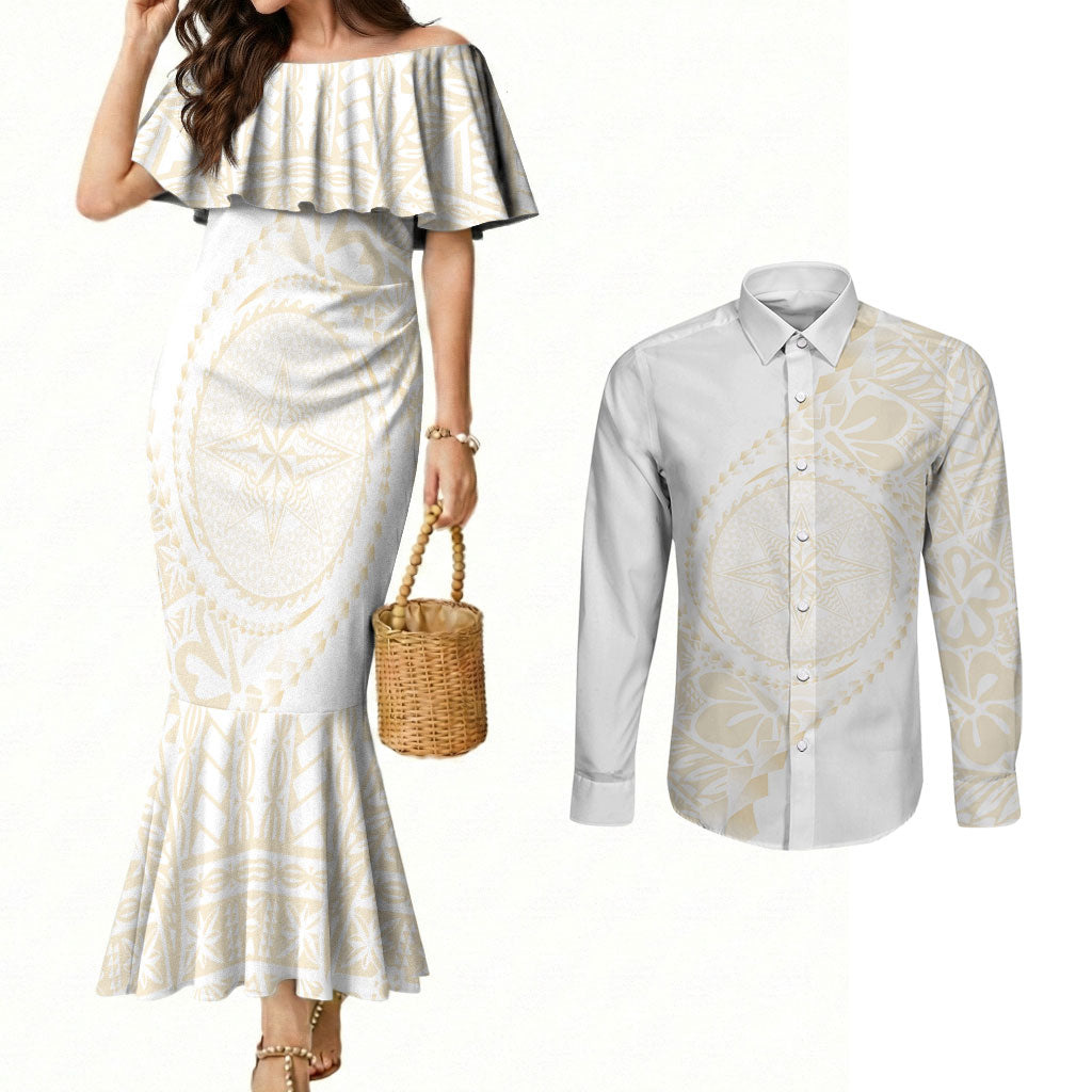Tonga White Sunday Couples Matching Mermaid Dress and Long Sleeve Button Shirt Lotu Tamaiti Tongan Kupesi Pattern LT05 Beige - Polynesian Pride