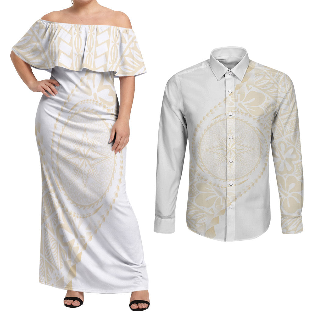 Tonga White Sunday Couples Matching Off Shoulder Maxi Dress and Long Sleeve Button Shirt Lotu Tamaiti Tongan Kupesi Pattern LT05 Beige - Polynesian Pride