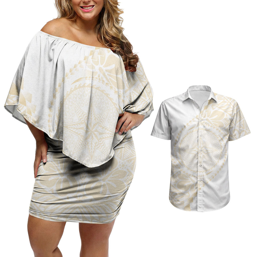 Tonga White Sunday Couples Matching Off Shoulder Short Dress and Hawaiian Shirt Lotu Tamaiti Tongan Kupesi Pattern LT05 Beige - Polynesian Pride
