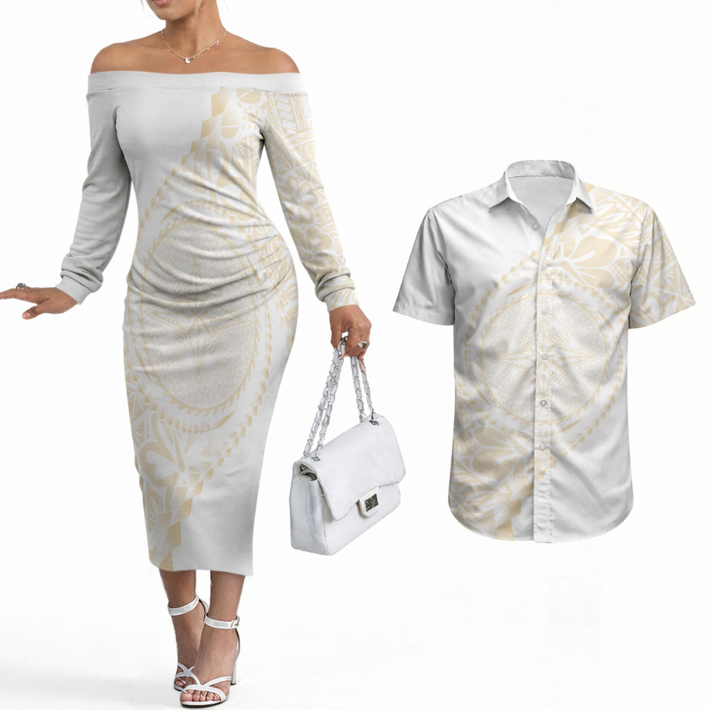 Tonga White Sunday Couples Matching Off The Shoulder Long Sleeve Dress and Hawaiian Shirt Lotu Tamaiti Tongan Kupesi Pattern LT05 Beige - Polynesian Pride