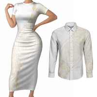 Tonga White Sunday Couples Matching Short Sleeve Bodycon Dress and Long Sleeve Button Shirt Lotu Tamaiti Tongan Kupesi Pattern
