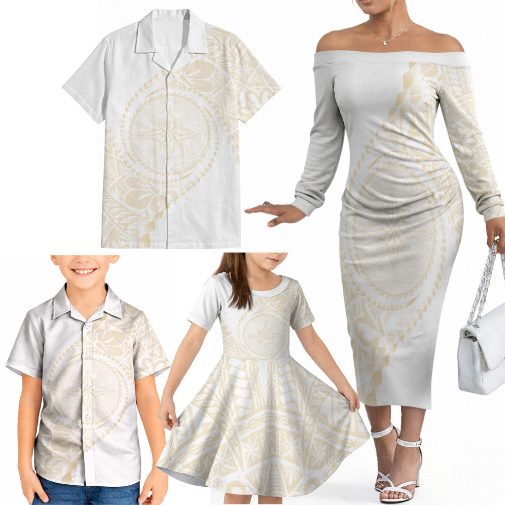 Tonga White Sunday Family Matching Off The Shoulder Long Sleeve Dress and Hawaiian Shirt Lotu Tamaiti Tongan Kupesi Pattern LT05 - Polynesian Pride