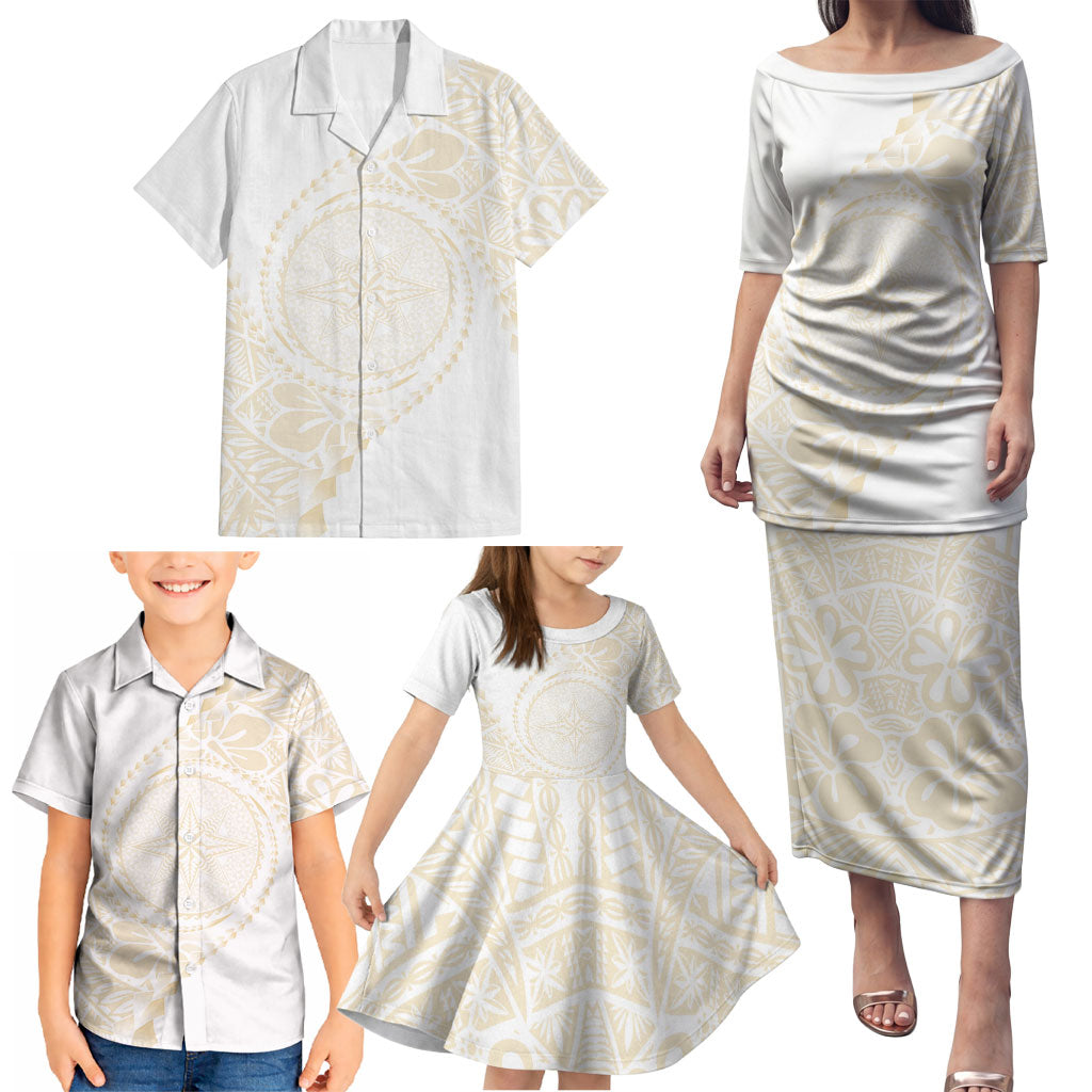 Tonga White Sunday Family Matching Puletasi and Hawaiian Shirt Lotu Tamaiti Tongan Kupesi Pattern LT05 - Polynesian Pride
