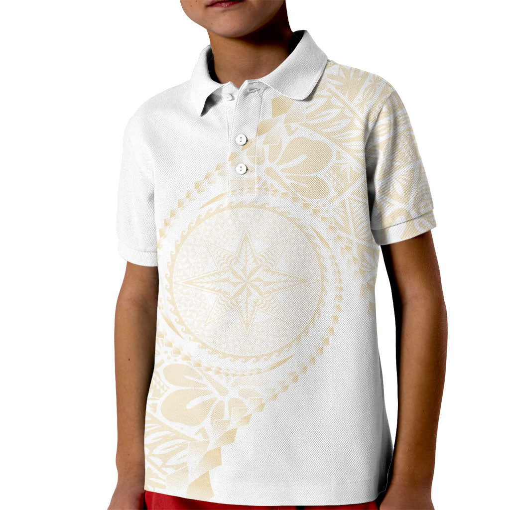 Tonga White Sunday Kid Polo Shirt Lotu Tamaiti Tongan Kupesi Pattern LT05 Kid Beige - Polynesian Pride