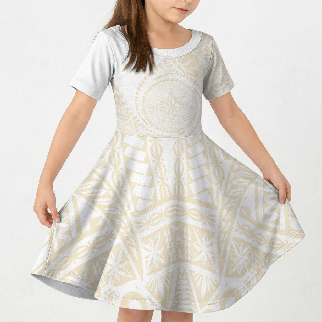 Tonga White Sunday Kid Short Sleeve Dress Lotu Tamaiti Tongan Kupesi Pattern LT05 KID Beige - Polynesian Pride