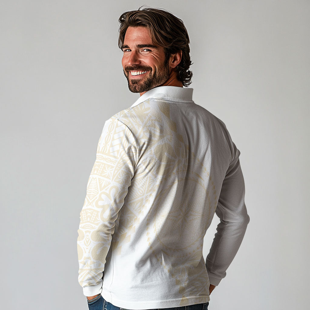 Tonga White Sunday Long Sleeve Polo Shirt Lotu Tamaiti Tongan Kupesi Pattern