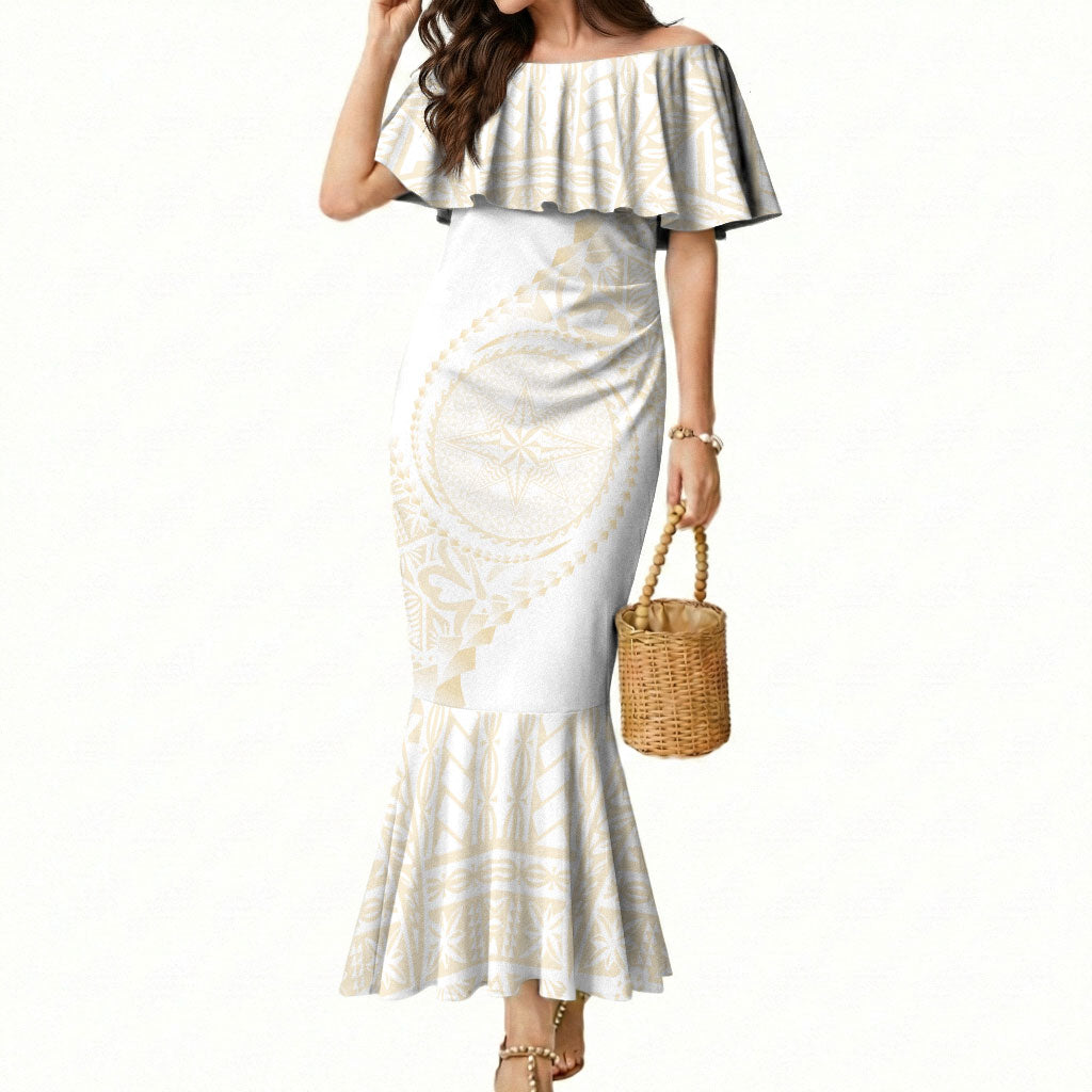 Tonga White Sunday Mermaid Dress Lotu Tamaiti Tongan Kupesi Pattern LT05 Women Beige - Polynesian Pride