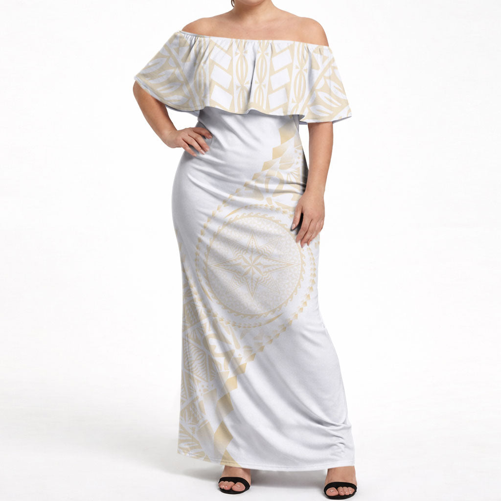 Tonga White Sunday Off Shoulder Maxi Dress Lotu Tamaiti Tongan Kupesi Pattern LT05 Women Beige - Polynesian Pride