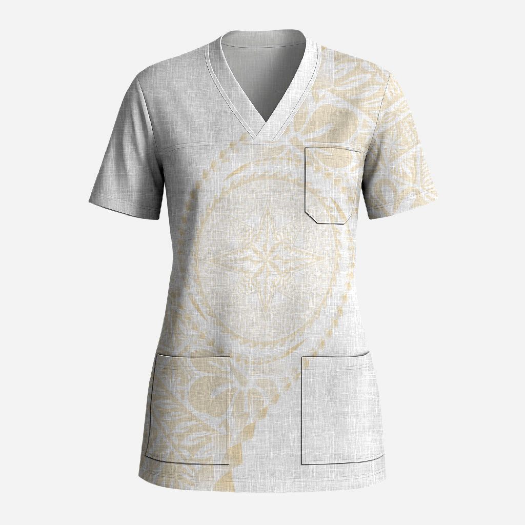 Tonga White Sunday Scrub Top Lotu Tamaiti Tongan Kupesi Pattern LT05 Adult Beige - Polynesian Pride