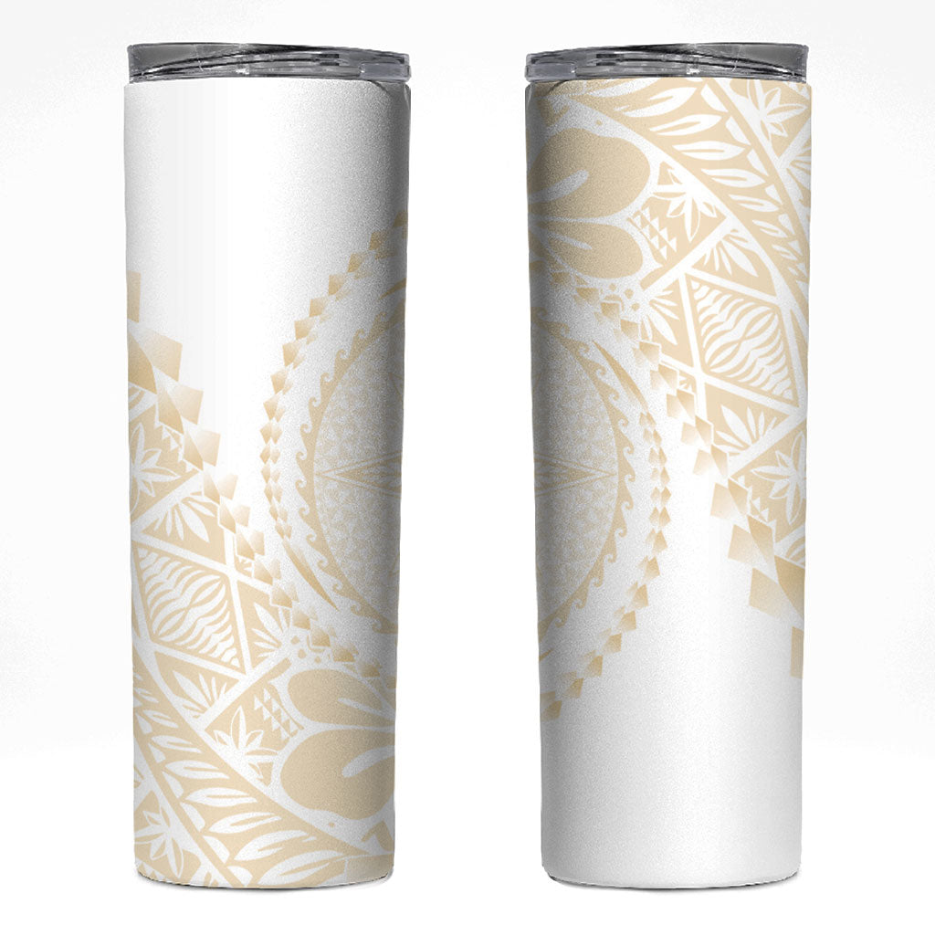 Tonga White Sunday Skinny Tumbler Lotu Tamaiti Tongan Kupesi Pattern LT05 Beige - Polynesian Pride