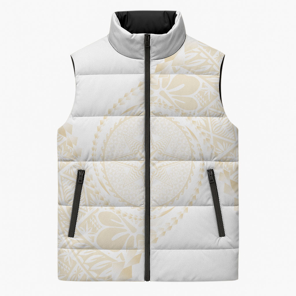 Tonga White Sunday Sleeveless Puffer Jacket Lotu Tamaiti Tongan Kupesi Pattern LT05 Unisex Beige - Polynesian Pride