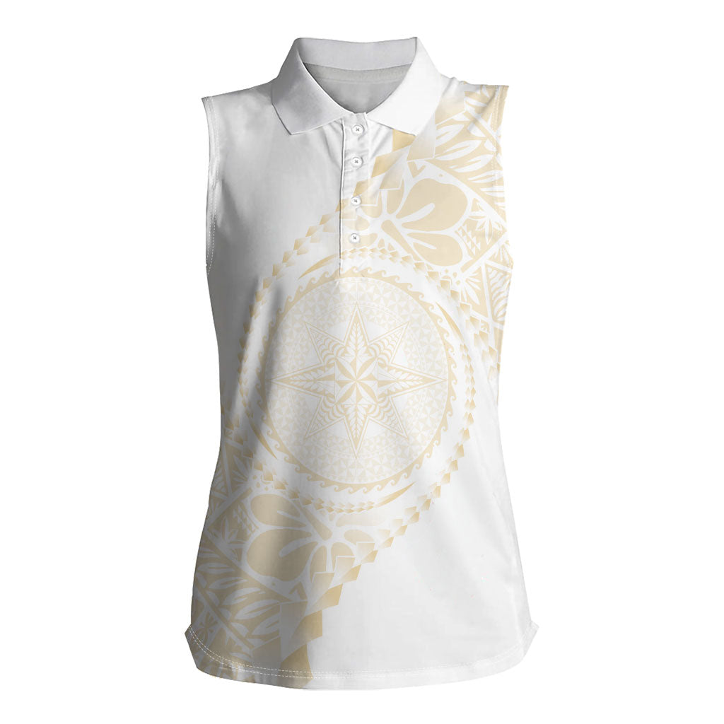 Tonga White Sunday Women Sleeveless Polo Shirt Lotu Tamaiti Tongan Kupesi Pattern LT05 Female Beige - Polynesian Pride