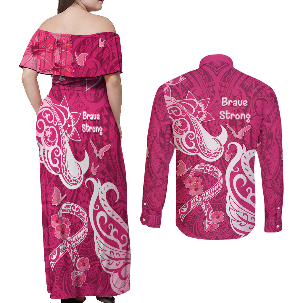 Breast Cancer Awareness Couples Matching Off Shoulder Maxi Dress and Long Sleeve Button Shirts Ribbon Polynesian Pattern Pink Version LT05 - Polynesian Pride