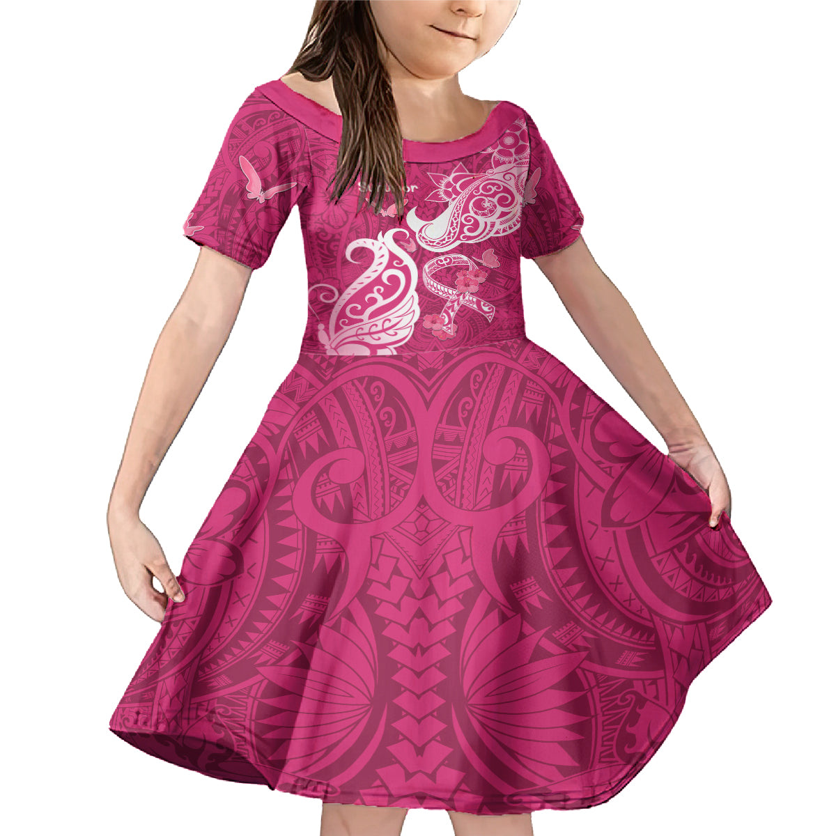Breast Cancer Awareness Family Matching Mermaid Dress and Hawaiian Shirt Ribbon Polynesian Pattern Pink Version LT05 Daughter's Dress Pink - Polynesian Pride