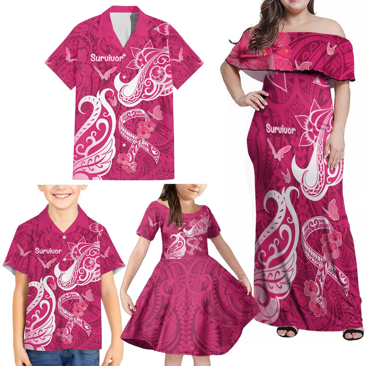 Breast Cancer Awareness Family Matching Off Shoulder Maxi Dress and Hawaiian Shirt Ribbon Polynesian Pattern Pink Version LT05 - Polynesian Pride