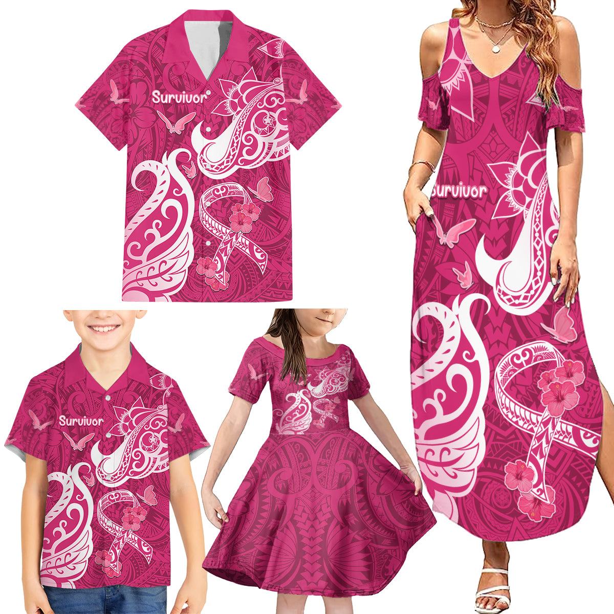 Breast Cancer Awareness Family Matching Summer Maxi Dress and Hawaiian Shirt Ribbon Polynesian Pattern Pink Version LT05 - Polynesian Pride