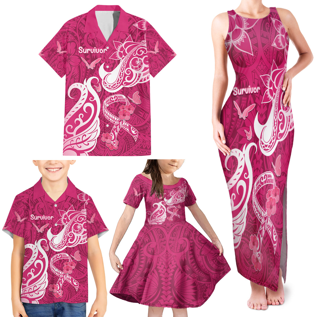 Breast Cancer Awareness Family Matching Tank Maxi Dress and Hawaiian Shirt Ribbon Polynesian Pattern Pink Version LT05 - Polynesian Pride