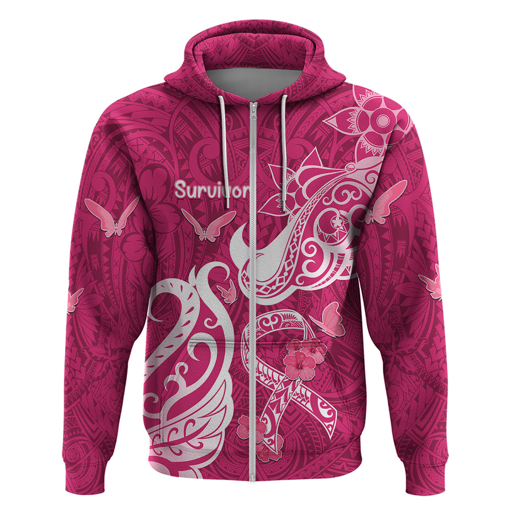 Breast Cancer Awareness Hoodie Ribbon Polynesian Pattern Pink Version LT05 Zip Hoodie Pink - Polynesian Pride