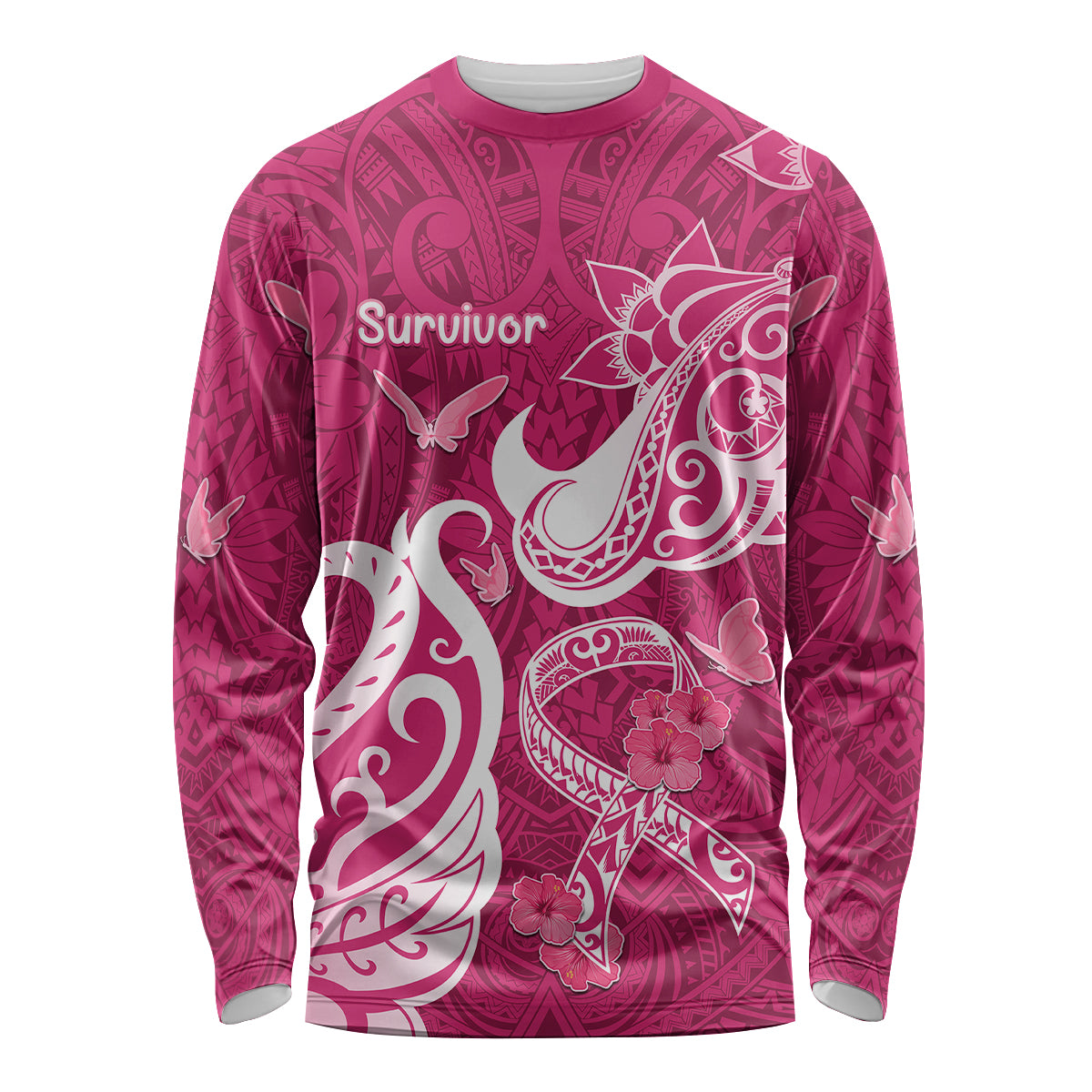 Breast Cancer Awareness Long Sleeve Shirt Ribbon Polynesian Pattern Pink Version LT05 Unisex Pink - Polynesian Pride