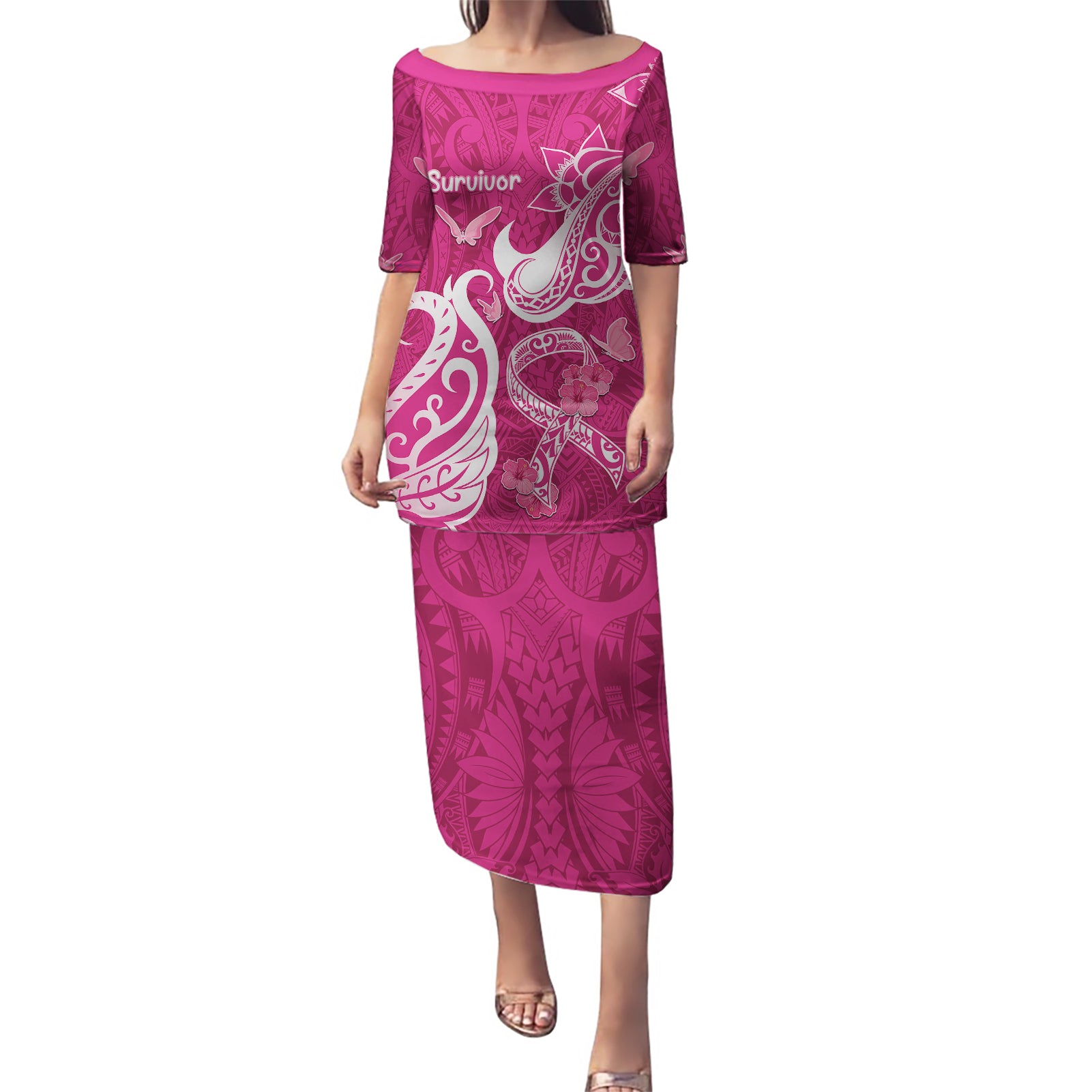 Breast Cancer Awareness Puletasi Ribbon Polynesian Pattern Pink Version LT05 Long Dress Pink - Polynesian Pride