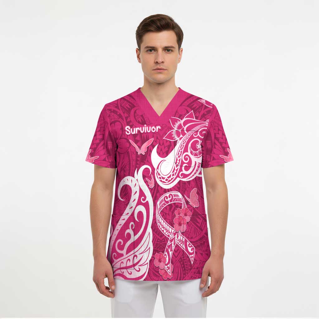 Breast Cancer Awareness Scrub Top Ribbon Polynesian Pattern Pink Version - Polynesian Pride