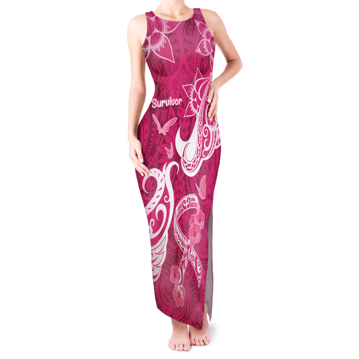 Breast Cancer Awareness Tank Maxi Dress Ribbon Polynesian Pattern Pink Version LT05 Women Pink - Polynesian Pride