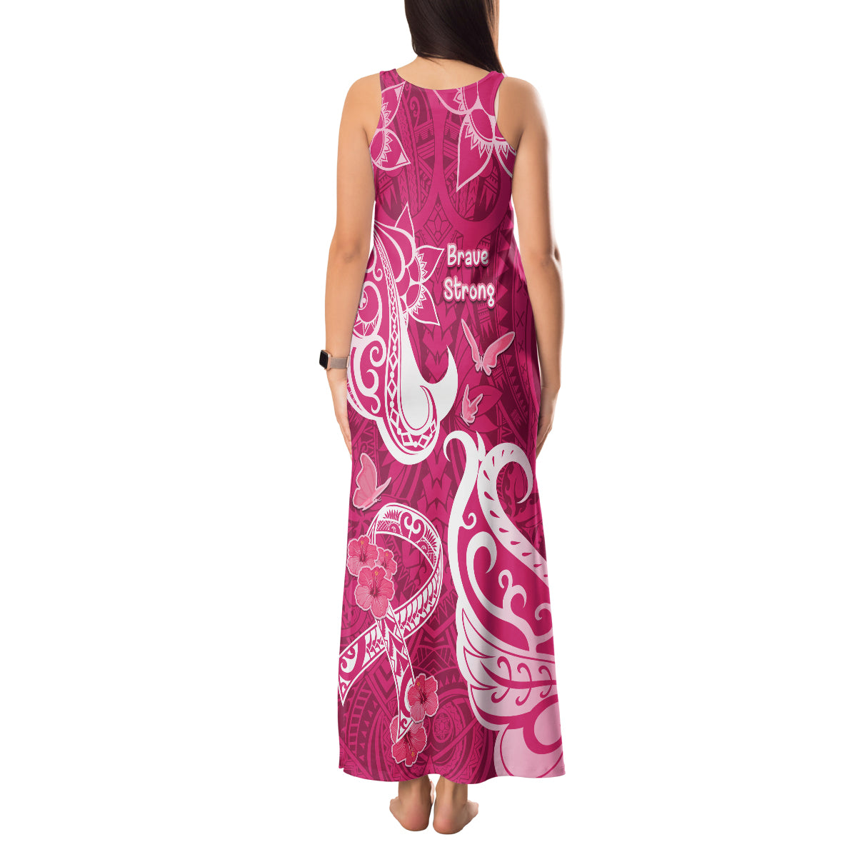 Breast Cancer Awareness Tank Maxi Dress Ribbon Polynesian Pattern Pink Version LT05 - Polynesian Pride