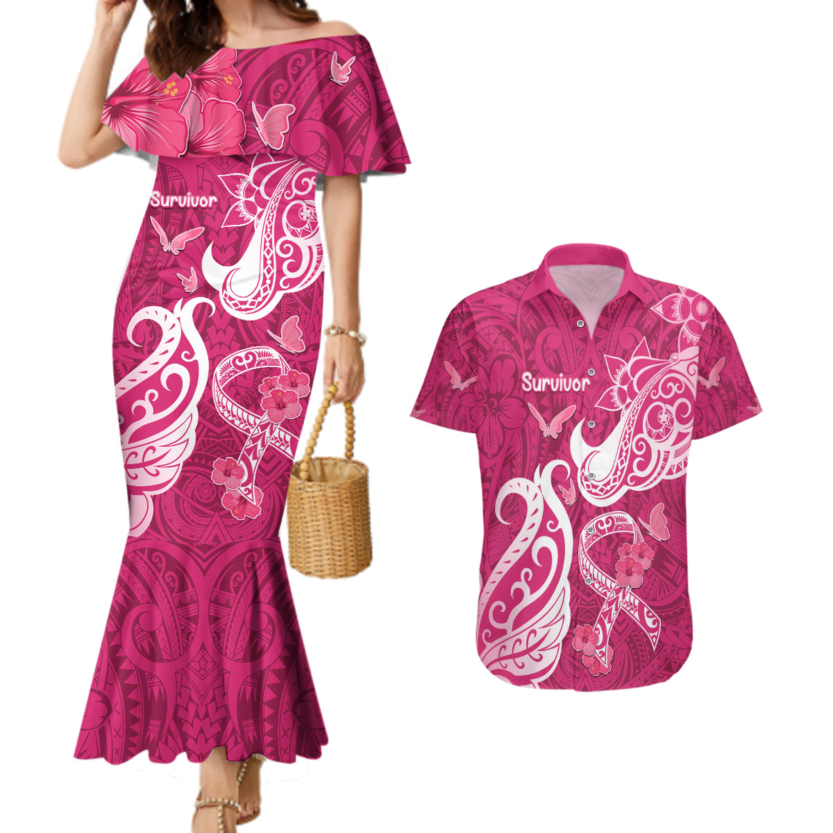 Personalized Breast Cancer Awareness Couples Matching Mermaid Dress and Hawaiian Shirt Ribbon Polynesian Pattern Pink Version LT05 Pink - Polynesian Pride