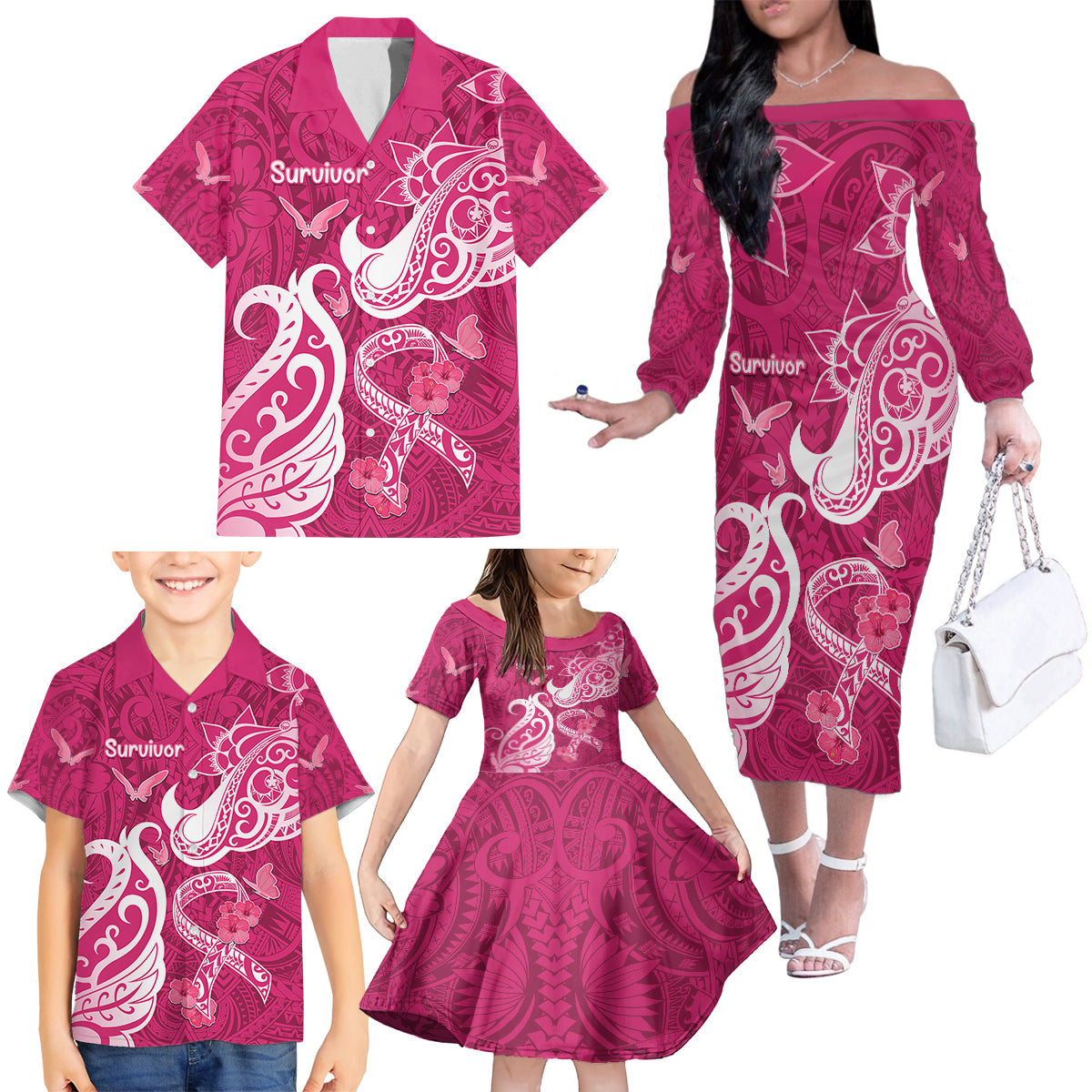 Personalized Breast Cancer Awareness Family Matching Off Shoulder Long Sleeve Dress and Hawaiian Shirt Ribbon Polynesian Pattern Pink Version LT05 - Polynesian Pride