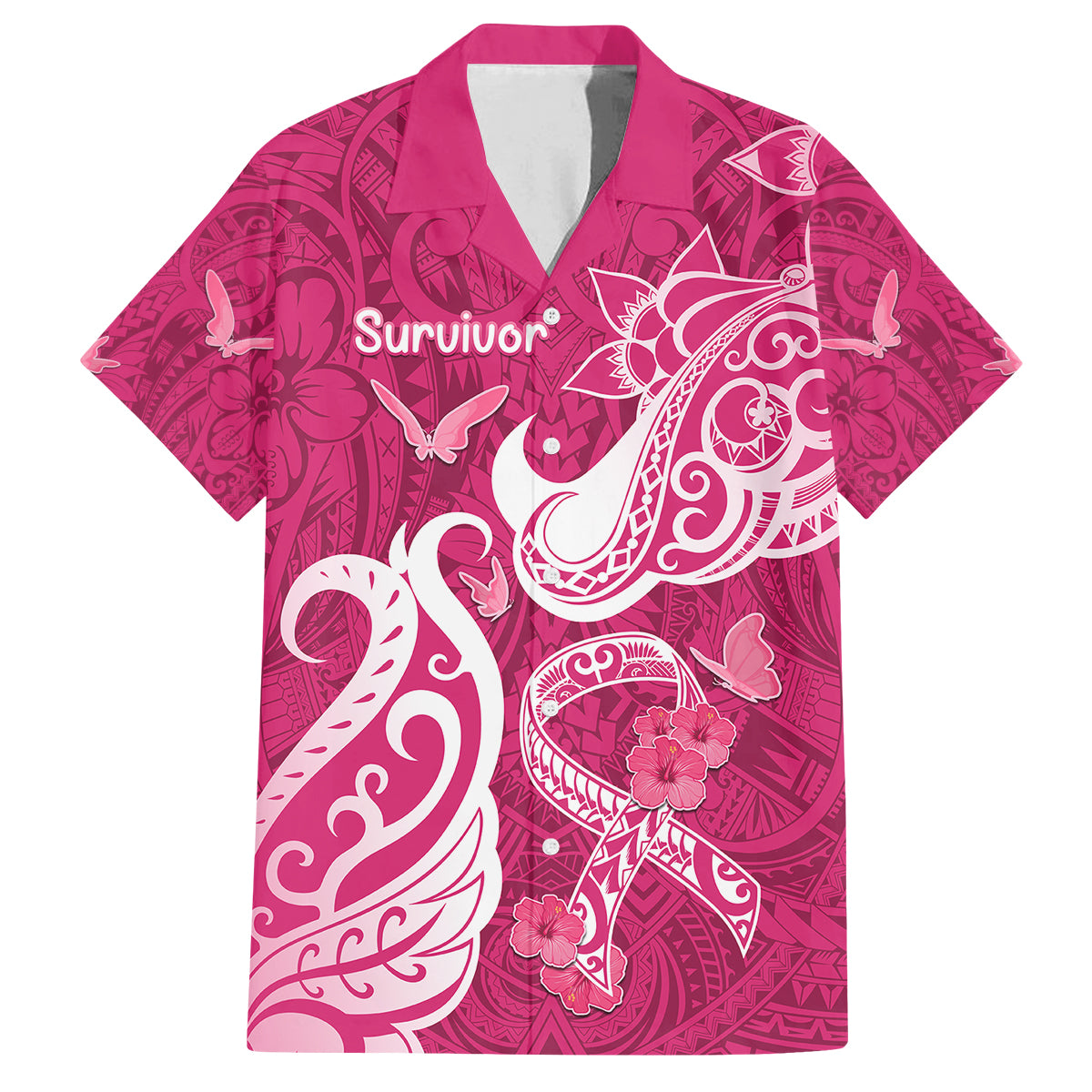 Personalized Breast Cancer Awareness Family Matching Off Shoulder Long Sleeve Dress and Hawaiian Shirt Ribbon Polynesian Pattern Pink Version LT05 Dad's Shirt - Short Sleeve Pink - Polynesian Pride